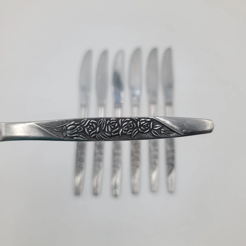 7pc International Stainless Caress Pattern Dinner Knives Rose Floral Korea